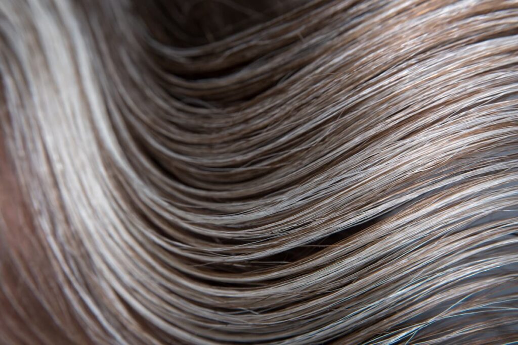 A close-up view of shiny, wavy hair showing a seamless blend of natural silver strands mixed with light brown and blonde tones