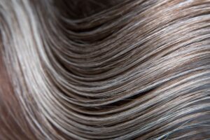 A close-up view of shiny, wavy hair showing a seamless blend of natural silver strands mixed with light brown and blonde tones